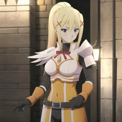 HDR, 8K, 4K, masterpiece, beatiful quality, <lora:Darkness:0.6> Darkness, darkness, 1girl, solo, darkness (konosuba), ponytail, hair ornament, x hair ornament, upper body, braid, sidelocks, armor, bodysuit, ribbon, shoulder armor, bow, gloves, blue eyes, smile, blushing
