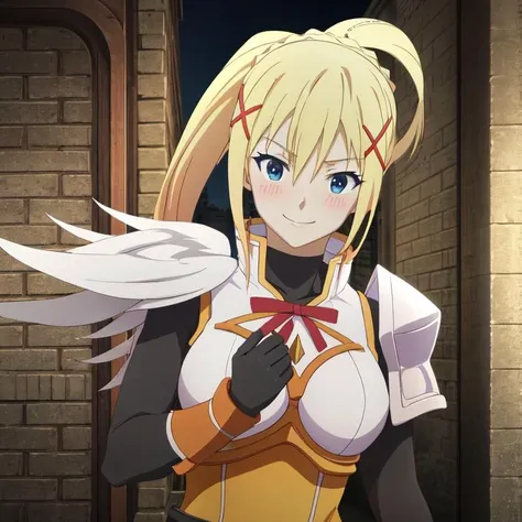 HDR, 8K, 4K, masterpiece, beatiful quality, <lora:Darkness:0.6> Darkness, darkness, 1girl, solo, darkness (konosuba), ponytail, hair ornament, x hair ornament, upper body, braid, sidelocks, armor, bodysuit, ribbon, shoulder armor, bow, gloves, blue eyes, smile, blushing