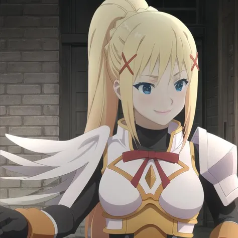 HDR, 8K, 4K, masterpiece, beatiful quality, <lora:Darkness:0.6> Darkness, darkness, 1girl, solo, darkness (konosuba), ponytail, hair ornament, x hair ornament, upper body, braid, sidelocks, armor, bodysuit, ribbon, shoulder armor, bow, gloves, blue eyes, smile, blushing, anime,