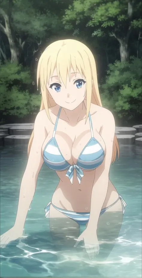 Darkness, 1girl, solo, portrait, upper body, portrait, big breasts, blue eyes, wet, soaked, ((stripe pattern bikini)), having fun, smile, ((forest lake)), swimming, splashing water, perfect quality, good quality, masterpiece, HDR, UHD <lora:Darkness:0.6>
