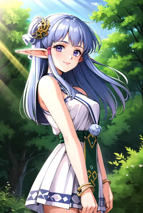 masterpiece,best quality,highres,<lora:olha-nvwls-v1:0.8>,1girl,solo,olha,hair ornament,white dress,bracelet,sash,forest,cowboy shot,smile,looking at viewer,2000s \(style\),