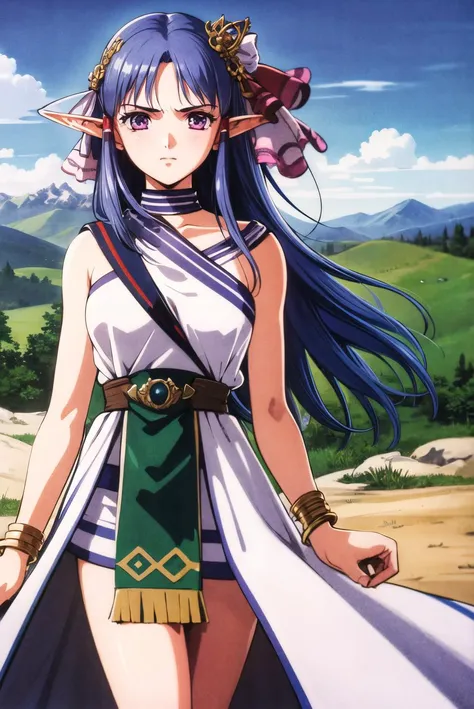 masterpiece,best quality,highres,<lora:olha-nvwls-v1:0.8>,1girl,solo,olha,hair ornament,white dress,bracelet,sash,mountain,cowboy shot,2000s \(style\),battle,