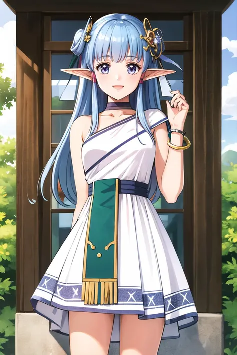 masterpiece,best quality,highres,<lora:olha-nvwls-v1:0.8>,1girl,solo,olha,hair ornament,white dress,bracelet,sash,2000s \(style\),looking at viewer,village,happy,