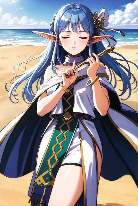 masterpiece,best quality,highres,<lora:olha-nvwls-v1:0.8>,1girl,solo,olha,hair ornament,white dress,bracelet,sash,2000s \(style\),looking at viewer,beach,playing flute,closed eyes,