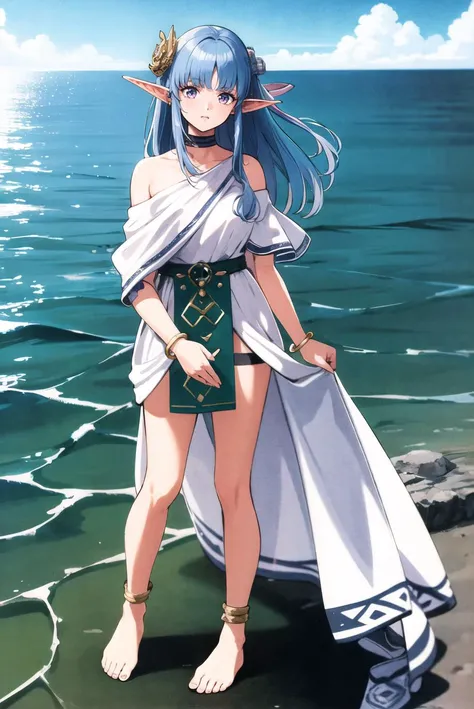 masterpiece,best quality,highres,<lora:olha-nvwls-v1:0.8>,1girl,solo,olha,hair ornament,white dress,bracelet,sash,Barefoot,2000s \(style\),looking at viewer,ocean,Standing in the water,
