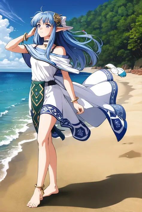 masterpiece,best quality,highres,<lora:olha-nvwls-v1:0.8>,1girl,solo,olha,hair ornament,white dress,bracelet,sash,tail,2000s \(style\),beach,barefoot,walking,