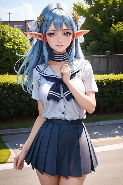 masterpiece, best quality, olha, hair ornament, white shirt, serafuku, pleated skirt, looking at viewer, smile, outdoors, cowboy shot <lora:olha-nvwls-v1-000009:1>