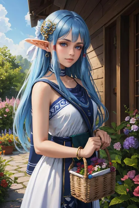 masterpiece, best quality, olha, hair ornament, white dress, bracelet, sash, cowboy shot, looking at viewer, holding basket, flowers, sky, garden, slight smile <lora:olha-nvwls-v1-000009:1>