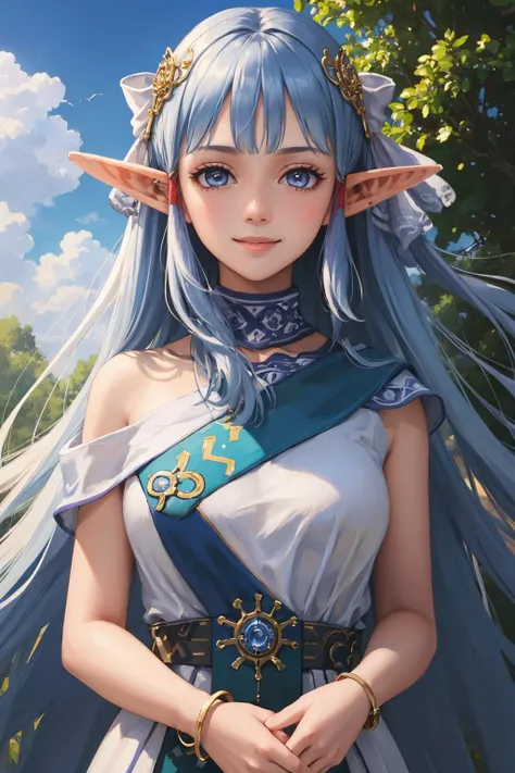 masterpiece, best quality,  olha, hair ornament, white dress, bracelet, sash, upper body, looking at viewer, smile, forest, sky, clouds <lora:olha-nvwls-v1-000009:1>