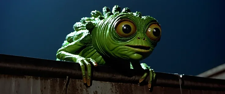 alien-themed film still from 70s exploitation , a creepy mutated zucchini creature with elongated fingers and sad eyes peaking from a rain gutter on a night street, extraterrestrial, cosmic, otherworldly, mysterious, sci-fi, highly detailed, highly detailed, high budget, cinemascope, epic, extremely clear sharp focus, film grain, grainy