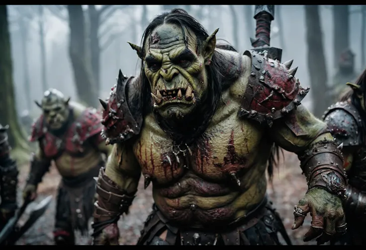 Horror-themed cinematic film still different views of scary orcs in armour, colourful intricate!! concept art by senior character artist, trending on artstation, full body character design high budget, bokeh, cinemascope, moody, epic, gorgeous, film grain, grainy . Eerie, unsettling, dark, spooky, suspenseful, grim, highly detailed