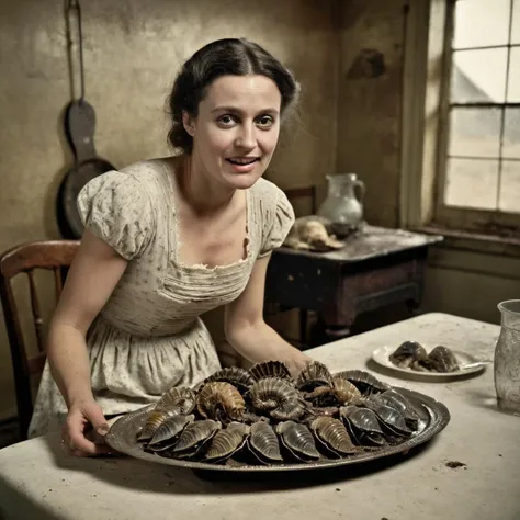 daguerreotype portrait circa 1880, british woman serving a platter filled with roasted alien trilobites, on a dirty dining table, in old kitchen, wearing a cotton revealing sexy dirty old ripped dress made of cotton, detailed face. Old, vintage, damaged, grainy