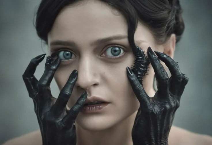 soviet cartoon, moody cinematic realistic natural skin texture, realistic photo of (elegant victorian era woman:1.2) interacting with (eerie:1.3) (black slug xenomorph:1.125), (hands in frame, touching face, strong face expression:1.05), (perfect feminine hands, anatomically correct fingers, perfect feminine anatomy, perfect feet:1.15), (perfect eyes, ideal round cornea:1.1), (sharp focus on eyes, perfect natural skin texture with blemishes, realistic skin, skin covered with moisture slime:1.15)