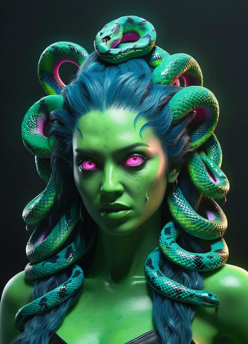 ombre color scheme of neon green, neon blue, neon pink
Medusa (multiple snakes for hair:1.2), scary, frightening, <lora:acidzlime:0.3> acidzlime <lora:gloomyXL:0.8> gloomy, yinan, subsurface scattering, ultra hd, 4k, high def, Photorealistic, Hyperrealistic, Hyper detailed, analog style, realistic, masterpiece, best quality, ultra realistic, 8k, Intricate, High Detail, film photography, soft lighting, heavy shadow