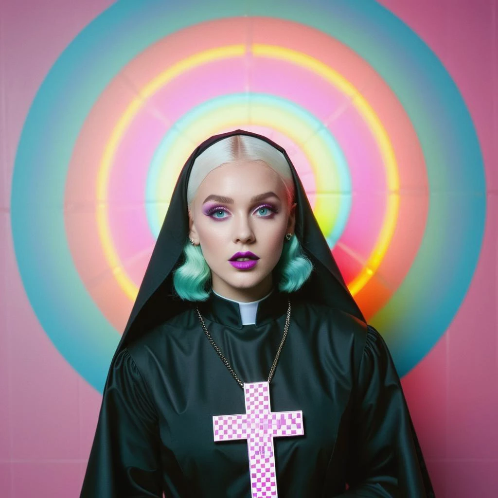 <lora:add-detail-xl:0.8> ((fullbody: 1.3)) ((perfect face: 1.3)) ((perfect inverted neon cross: 1.3)) (( a satanic image of a<lora:add-detail-xl:1>((a sexy Norwegian girl nun dressed like a monster, looking at cross: 1.3)), opal colour Curly Finger Waves hair, perfect violet eyes in the style of larry carlson, fujifilm eterna vivid 500t, playful, youthful images, rainbowcore, a nun dressed like a monster looking at the camera, in the style of minimalist figures, mysterious backdrops, photography installations, cut-out silhouettes, hyper-realistic portraits, mcdonaldpunk, letras y figuras , 3d, kawaii aesthetic,fractal geometric patterns with rainbow hues :1.5)) ((black and white tiles with pastel coloured rainbows hues fractals fantasy image with a perfect inverted neon cross's, in the style of medicalcore, light azure and pink :1.5)), (fractal geometric patterns with rainbow hues :1.5)) ((black and white tiles with pastel coloured rainbows hues fractals :1.5)), ((mushroomcore :1.4)), hyper realistic detail, perfect eyes, ((fullbody :1.5)), ((heart shaped lights :1.5)), stunningly pretty, maxim, 128k, cinematic quality cinematic lighting, 1080p, sharpen, hyperrealism, (( psychedelic lsd trip background :1.4)), ((bright coloured fractals :1.5)) ((Larry Carlson :1.3)), , cinematic quality, cinematic lighting, voodoo, sinister,128k, hyper realistic, pastel colour palette,((mark ryden 1.3)) <lora:Larry Carlson Style:0.8> Larry Carlson Style page <lora:Polaroid_Film:0.8> polaroid film photography, soft focus