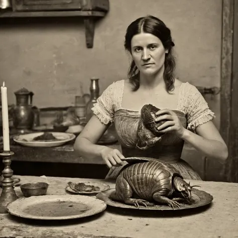 daguerreotype portrait circa 1810, German woman setting a platter of roasted trilobite armadillo turkey on a dirty dining table, in old kitchen, wearing a cotton revealing sexy dirty old dress made of cotton, detailed face