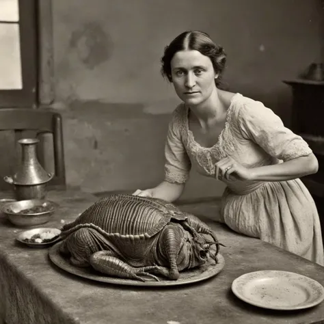 full body portrait horror tintype circa 1750 woman holding platter of roasted alien turkey and detailed trilobites in old kitchen, wearing revealing sexy dirty old ripped dress made of cotton, detailed face, monsters