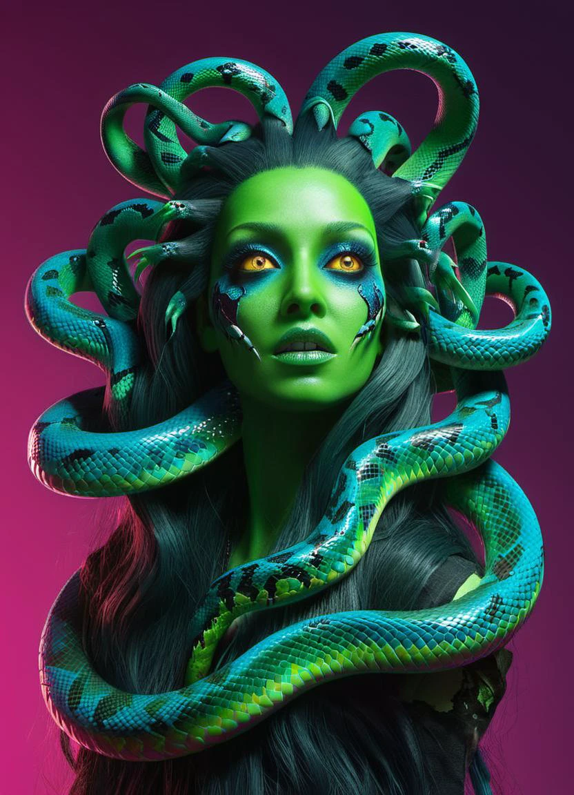 ombre color scheme of neon green, neon blue, neon pink
Medusa (multiple snakes for hair:1.2), scary, frightening, <lora:acidzlime:0.3> acidzlime <lora:gloomyXL:0.8> gloomy, yinan, subsurface scattering, ultra hd, 4k, high def, Photorealistic, Hyperrealistic, Hyper detailed, analog style, realistic, masterpiece, best quality, ultra realistic, 8k, Intricate, High Detail, film photography, soft lighting, heavy shadow
