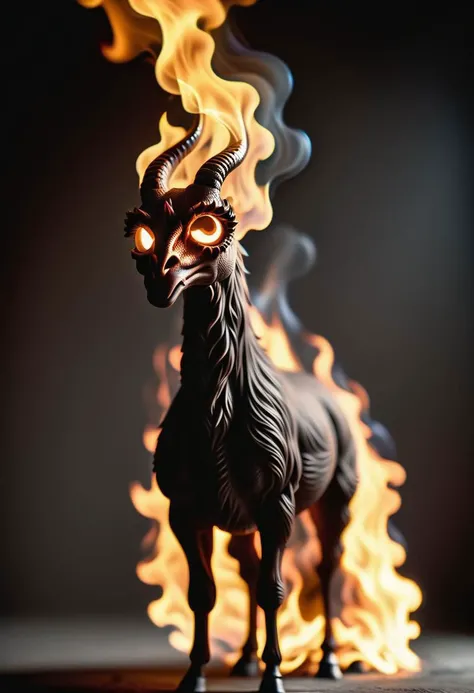 (((llama))), dark, fast shutter speed, narrow angle lens, dynamic shadows, moody cinematic lighting, flames, smoke, view from the side, dynamic pose, dynamic angle