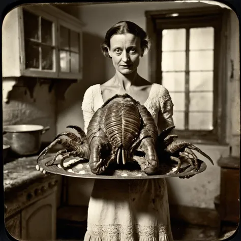 full body portrait horror tintype circa 1750 woman holding platter of roasted alien turkey and detailed trilobites in old kitchen, wearing revealing sexy dirty old ripped dress made of cotton, detailed face, monsters