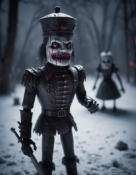 Horror-themed cinematic film still, nutcracker toy soldier, snowy winter landscape dynamic lighting, photorealistic dark fantasy concept art, trending on art station, stunning visuals, creative, cinematic, ultra detailed, scary art, monster high budget, bokeh, cinemascope, moody, epic, gorgeous, film grain, grainy . Eerie, unsettling, dark, spooky, suspenseful, grim, highly detailed