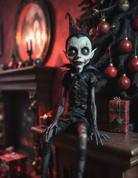 Horror-themed cinematic film still, evil Elf on the Shelf sitting on freplace mantel, christmas tree and stockings, dynamic lighting, photorealistic dark fantasy concept art, trending on art station, stunning visuals, creative, cinematic, ultra detailed, scary art, monster high budget, bokeh, cinemascope, moody, epic, gorgeous, film grain, grainy . Eerie, unsettling, dark, spooky, suspenseful, grim, highly detailed