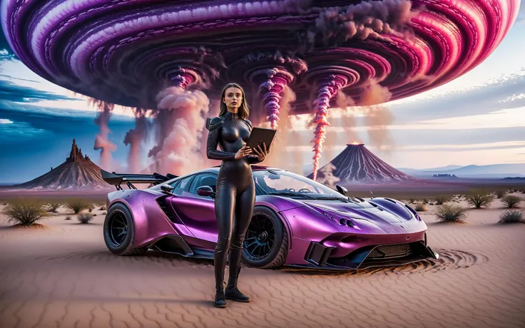 (masterpiece photo of 1girl standing in front of vehicle:1.3) ,full body wide angle cinematic shot [standing on path leading to alien city under glass dome], surreal purple sky,(standing woman holding tablet device:1.3), (vehicle focus:1.3),alien planet, surreal desert terrain, arm extended holding tablet, standing next to widebody++ cyberpunk++ prerunner rally offroad car style of (Giorgetto Giugiaro:1.2), (style of Gordon Murray:1.4), (style of Horacio Pagani:1.1),dark stormy clouds paintjob wrap, [alien sky], (magenta and black cloudy skies storms intricate details depth shadows), [ringed planet in distance], dust trails, dust devil <lora:Drone_Cars_XL:0.5>,BREAK, BREAK,(pale, 24 years old, large covered breasts, cleavage, skinny waist, young european woman, futuristic fashionista:1.5), utility belt, map, (Oval-shaped face, luminous complexion, aqua+ almond-shaped eyes, thin high arched eyebrows, small upturned nose, cupid's bow lips:1.2),(backlit sliced bob medium center part white hair:1.3),form-fitting high tech racesuit with neon magenta accents that highlight her silhouette,(dragon scale leggings:1.1),volumetric lighting