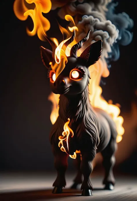 (((llama))), dark, fast shutter speed, narrow angle lens, dynamic shadows, moody cinematic lighting, flames, smoke, view from the side, dynamic pose, dynamic angle
