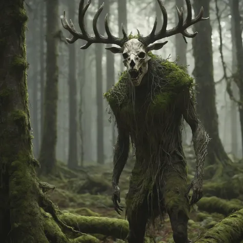 full body portrait of scary monster made of wood, leshen, deer skull as a face, moss, clothes made from human skin, wolf as pet, dark mysterious forest scenery , fantasy, dark fantasy , mediaval, full body , cinematic, render , 8k, unreal engine, realistic, masterpiece, high detail, full body , sci-fi, low life, volumetric lighting
