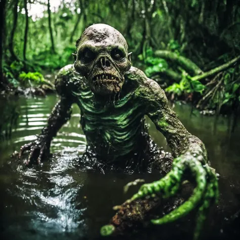 medium shot photography putrid goey slimy covered king orc, sub surface scattering, shiny slimy skin, in a moon lit swamp, sharp focus