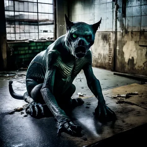 a photography  of  a large [cat|monster:0.8] sitting on the kitchen table inside a abandoned warehouse, shiny slimy skin, angry eyes, by Tom Savini