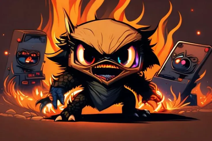 masterpiece, best quality, ultra-detailed, light tracing, 2d animation, cute sneaky gremlins breaking computers, fires, sparks, (animation) (flat color illustration:1.1) (best quality:1.2) (clean lines)