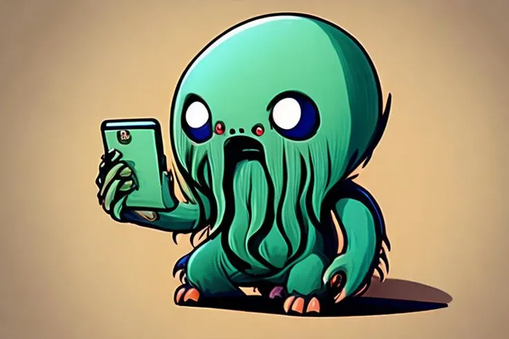 masterpiece, best quality, ultra-detailed, light tracing, 2d animation, super cute cthulhu monster on the phone with tech support, (animation) (flat color illustration:1.1) (best quality:1.2) (clean lines)