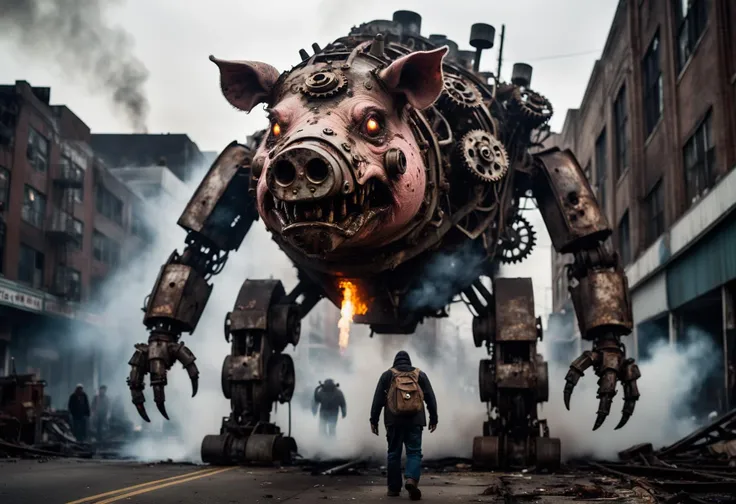 Horror-themed cinematic film still wide angle photo, 1 8 mm canon 5 d mark 3, f 1 8, of a scary giant, concept art looking domestic pig robot, with precice gears, steam, rust, it is rampaging in a city on fire, in the style of a kaiju momster movie high budget, bokeh, cinemascope, moody, epic, gorgeous, film grain, grainy . Eerie, unsettling, dark, spooky, suspenseful, grim, highly detailed