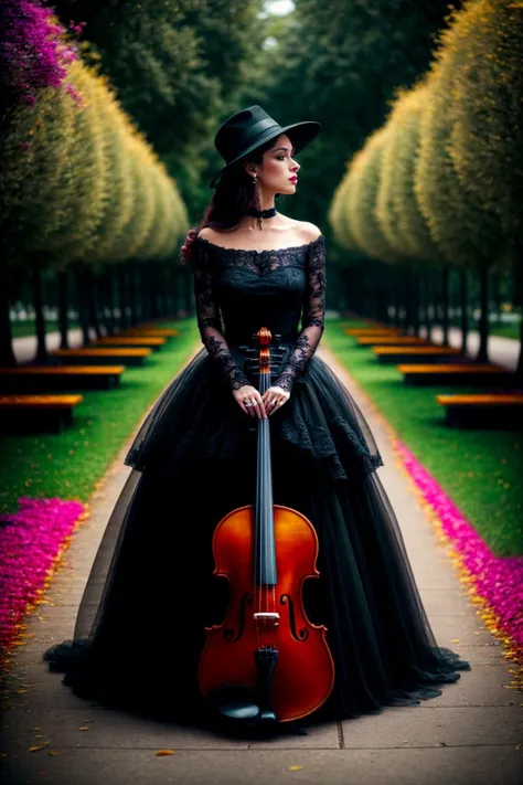 a woman in black playing her violin in a park, in the style of jazzy, fashionable flair, karol bak, elegant clothing, organic movement, colourful, <lora:t3xtn:.7>