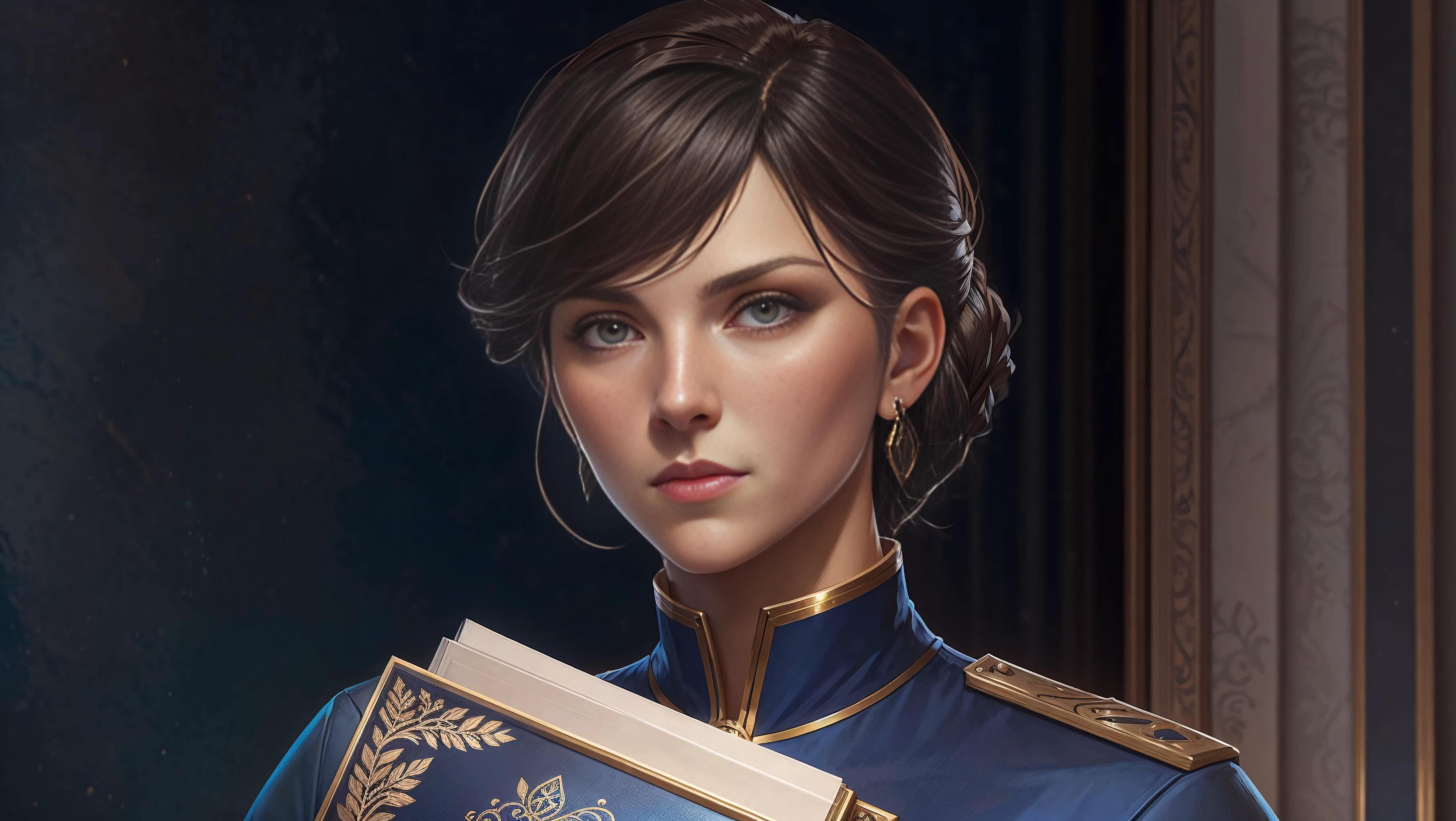 professional portrait, slightly muscular Macedonian woman, beautiful face, wearing short sleeved blue uniform holding a blueprint, (hightly detailed background:1.2), trending on artstation, lookng at camera, establishing shot, artistic, hyperrealistic, octane render, art by leyendecker , <lora:theovercomer8sContrastFix_sd15:0.5>, <lora:sokolovStyle_v10:0.5>