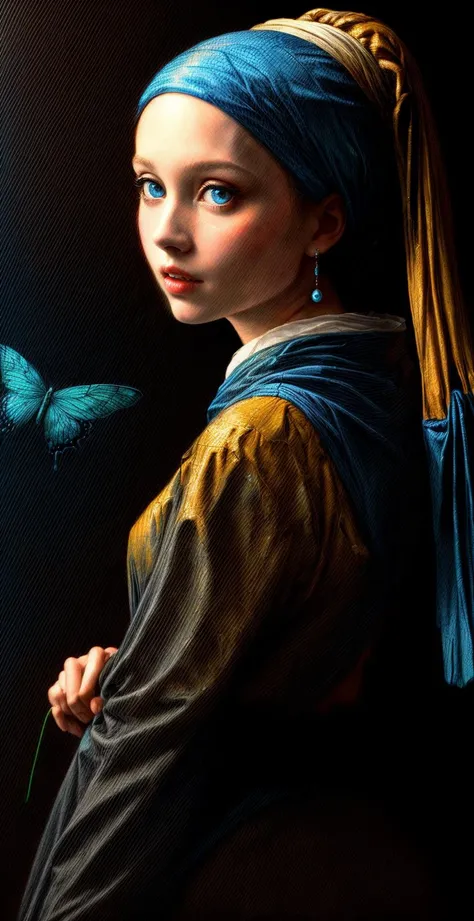 (masterpiece) (Fuji film) painting of lady Johannes Vermeer Girl with a Pearl Earring (perfect anatomy) (narrow waist:1.1) (heavenly) (black haired goddess with neon blue eyes:1.2). by Daniel F. Gerhartz, (hyperrealistic oil painting:0.77), 4k, very detailed faces, volumetric lighting dynamic lighting, Rembrandt lighting, <lora:more_details:1> dlsr, highres, high resolution, intricately detailed
butterfly wing textures, butterflies fantasy hearts neon threads <lora:epi_noiseoffset2:1>
