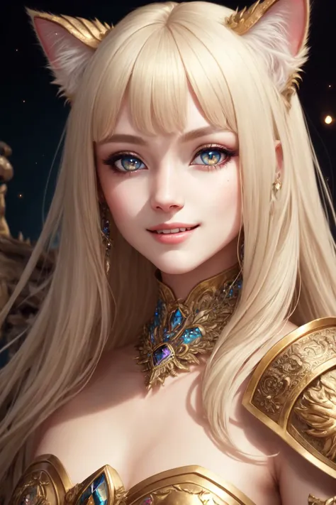 (masterpiece:1.4),(best quality:1.4),ultra high res,((detailed facial features)), (medium shot:1.1), feline girl, (feline human hybrid:1.2), (white eyes, crystalline reflective eyes, cat eyes:1.2), (cat face, whiskers), blonde hair, bangs, blonde fur, smile, perfect teeth, fangs, tiger girl, lion girl, elaborate ancient female armor, 8k, intricate detailed iridescent armor, warm soft color grading, (4k resolution:1.1), illustration, (ultra-detailed:1.3), long hair, beautiful eyes, large eyes, smooth, perfect