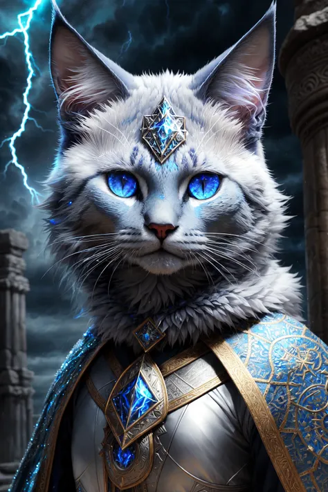 Female Blue Point furred Siamese cat Tabaxi Warlock, wearing Silvered flowing robes made of shimmering silver fabric adorned with intricate symbols. Realistic render, Dungeons and Dragons, Fantasy, Octane render, ZBrush. Character design, photorealistic, Unreal engine, hyper-detailed, concept art, trending on ArtStation. ((Best quality)), ((Masterpiece)), ((Realistic)), (Detailed), Close up portrait, Blue eyes, looking at the viewer, highly detailed fur, standing against a backdrop of dark clouds and lightning bolts, closed mouth, detailed background, ancient ruins, crumbling pillars, ancient altar, insanely detailed, ((Masterpiece)), absurdres, HDR
