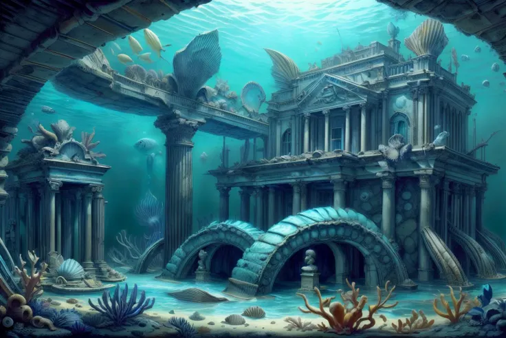 masterpiece, atlantistech, sunken ruins, atlantis, piranesi, classical architecture, statues, undersea, underwater, fish, <lora:PIRANESI V1:0.4> <lora:AtlantisTech:0.9>