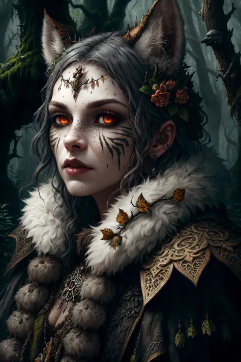 Style-SwampMagic Evil Undead tabaxi Zombie female mottled gray and rotting furred Undead tabaxi Zombie tiger, up close, from the side,, wearing tattered robes covered in patches of moss and lichen, holding a gnarled staff adorned with mushrooms and bone, realistic render, Dungeons and Dragons, Fantasy, octane render, zbrush. Character design, photorealistic, unreal engine, hyper-detailed, concept art, trending on art station. ((best quality)), ((masterpiece)), ((realistic)), (detailed), close up portrait, full body portrait, clouded pale eyes, wearing tattered robes, highly detailed fur, holding a gnarled staff adorned with mushrooms and bone, looking at the viewer, Fantasy art, stunning gradient colors, no watermark signature,