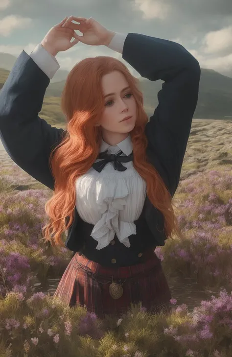 intricate detail, A close-up portrait  of  Amy Adams  in traditional scottish formal attire , stood near a sea of flowers,   (Balmoral castle garden ),  Stag:1.2, very detailed, Cinematic lighting, with volumetric rays and bloom effect, dramatic lighting ,clouds at sunset,    photorealistic digital art trending on Artstation 8k HD high definition detailed realistic, Style-Kilt:.4