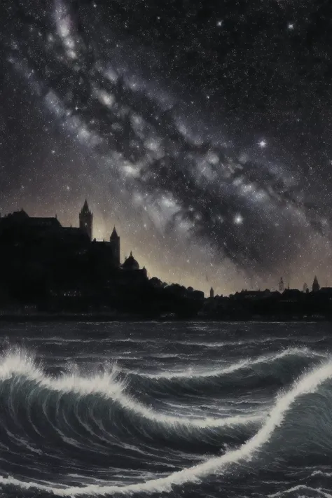 stylized by Johannes Vermeer, baroque art, epic, (leopard print theme:0.7) , landscape of a Wavy [Interlaken:Lisbon:3] and Galaxy, Stars in the sky, Monochrome, most beautiful artwork in the world