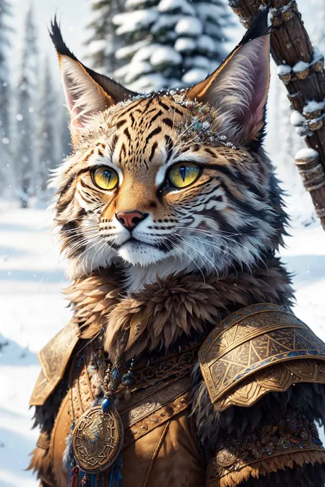 Shaman tabaxi female tan spotted fur tabaxi lynx, thin build, wearing intricate mail armor, holding a gnarled staff adorned with mushrooms and bone, realistic render, Dungeons and Dragons, Fantasy, octane render, zbrush. Character design, photorealistic, unreal engine, hyper-detailed, concept art, trending on art station. ((best quality)), ((masterpiece)), ((realistic)), (detailed), close up portrait, full body portrait, , highly detailed fur, looking at the viewer, Fantasy art, stunning gradient colors, no watermark signature, closed mouth, detailed background, snowy background, closed mouth, insanely detailed, ((masterpiece)), absurdres, HDR.
