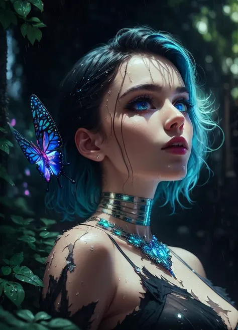 illustration, cinematic light, highres, highest quallity, ultra detailed, detailed face, (detailed eyes), best quality, hyper detailed, masterpiece, (detailed face), clean face, sexy mature woman wears transparent (torn) cloths, floating cloth, see through, choker, open cloths, nsfw, high heels, blue eyes, neon tiny glowing hair ends, dark fantasy forest, glowing plants with neon details, dark magic, (portal:1.15) to the underworld in the background, light reflection, heart shaped iris, playful eyes, open shoulder, rain, (wet body), tiny glowing butterfly, hair jewery, <hypernet:sxzBloom_sxzBloom:0.5>
