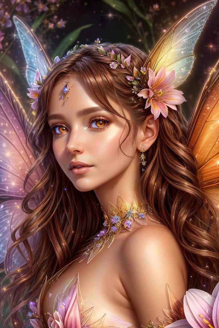 best quality, up close, photo, portrait, flower fairy masterpiece, best quality symmetrical magical fairy wings, portrait of a beautiful fairy woman, brown eyes, brown hair, 8k, simple background, 8k, high quality, magical fantasy, bokeh, beautiful colors, sparkling lights, fairy wings, color streaks in hair <lora:edgFae_FINAL:0.7> edgFae, style-sylvamagic