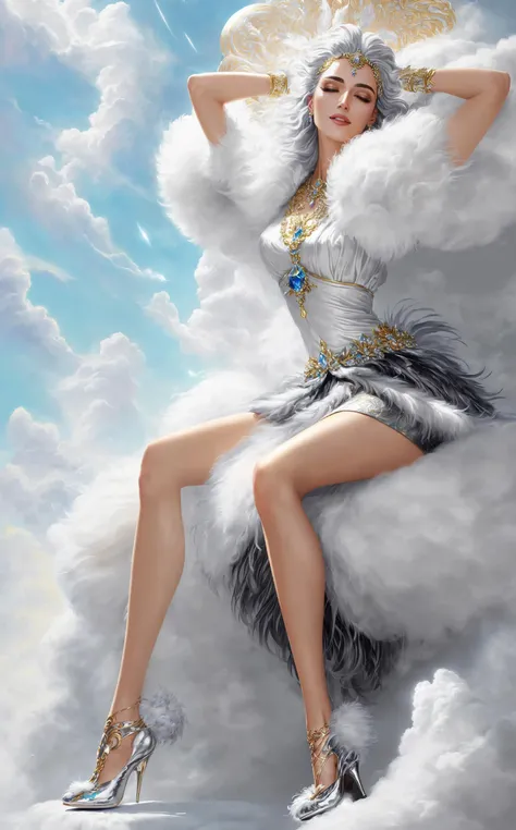 a (handsome young goddess of beauty (smiling:0.6)), (wearing skirt made of fluffy feathers and silk jacket and high heel shiny shoes, sitting on a fluffy cloud, stretching, waking up), (bloom:1.1), god rays, (bright back lit, divine background), full of details, 8k resolution, a (photorealistic painting:1.2)
