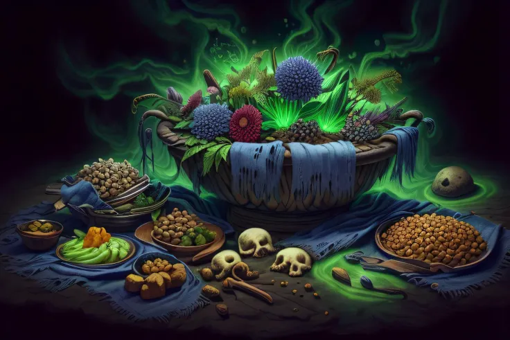 masterpiece, worldofsignighthaunts, still life with food and flowers, green glowing aura, tattered rags, intricate, detailed, realistic, <lora:WorldofSigmarnighthaunts:1>