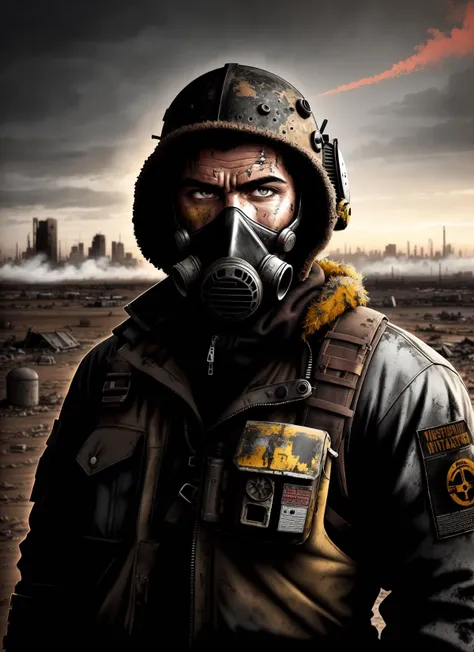 Gripping, high-quality artwork of a (rugged survivor:1.2) in a (post-apocalyptic:1.2) wasteland, wearing a (sturdy gas mask:1.1) and (vibrant hazmat suit:1.2) that pops with color against the (desolate, barren:1.1) landscape. The artwork features a (ruined city:1.1) with (scorched earth:1.1) and (toxic air:1.1), by artist Weta Workshop, on a digital canvas using Photoshop, with (bold, gritty lines:1.1), and (moody, atmospheric shading:1.1). The man's appearance is (gritty:1.1) and (tough:1.1), his clothing worn and tattered from years of survival in the harsh environment