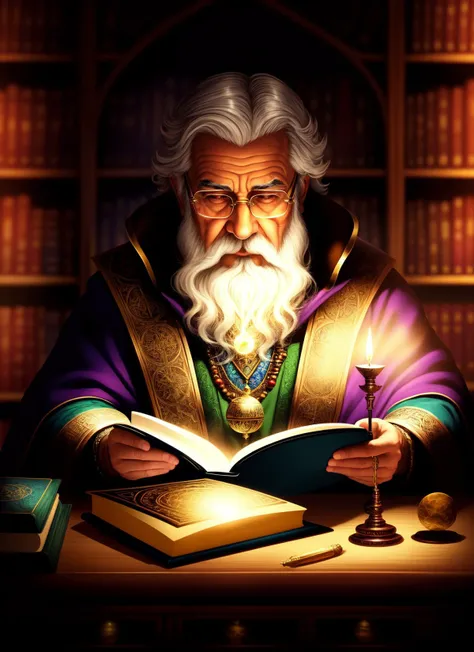 Enchanting, high-quality artwork of a (wise wizard:1.2) seated at a (majestic, wooden desk:1.1) in a (spellbinding, magical library:1.2), surrounded by (ancient tomes:1.1), (mystical artifacts:1.1), and (flickering candles:1.1). The artwork features a (fantastical:1.1) setting with (glimmering, floating orbs:1.1), (shimmering runes:1.1), and (whispers of magical incantations:1.1), by artist Raymond Swanland, on a digital canvas using Corel Painter, with (rich colors:1.1), and (detailed, realistic shading:1.1). The wizard has a (focused, studious:1.1) expression on his face, with (sparkling, intense eyes:1.1), deeply absorbed in the (arcane knowledge:1.1) contained within the pages of his (tome:1.1). The artwork captures the (awe-inspiring:1.1) atmosphere of a magical library, where the very air is thick with the power of ancient knowledge